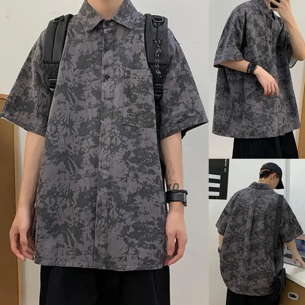 

Fashion Tie-dye Short Sleeves Turn-down Collar Men Loose Casual Top Blouse Shirt