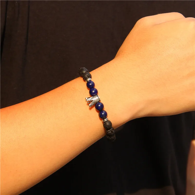 Fashion Men Bracelet Natural Black Lava Volcanic Stone &amp Hematite Beads Crown Charm Jewelry for Women Homme | Украшения и