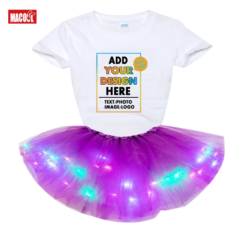 Your Own Design Girls Dress Suit Princess Kids Set Party Light Dress+tShirt 2020 Kids Design Name Number Birthday Party Clothing