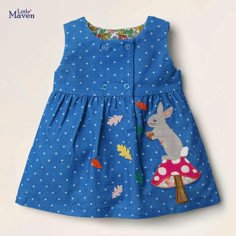 

Little maven 2023 Baby Girls Summer Dress Lovely Rabbit Blue Sleeveless Clothes Cotton Comfort for Kids 2 to 7 years