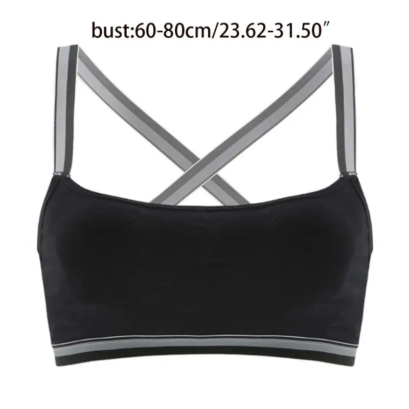 

KLV 1PC Teenage Girl Stripes Criss Cross Straps Sports Bra Wireless Ribbed Knit Cotton Underwear Padded Stretch Seamless Bralett