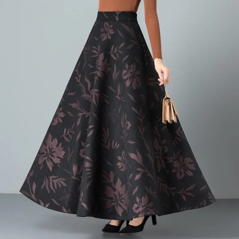 

Elegant Spring Winter Printing Woolen Skirts Womens Jupe Femme Vintage Warm High Waist Wool Skirt Mom Casual Maxi Long Skirt