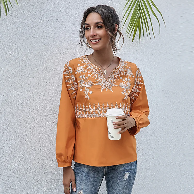 

2021 New Chic Print Fashion Casual Women's Blouse Spring Summer Vintage V Neck Long Lantern Sleeve Tops For Ladies