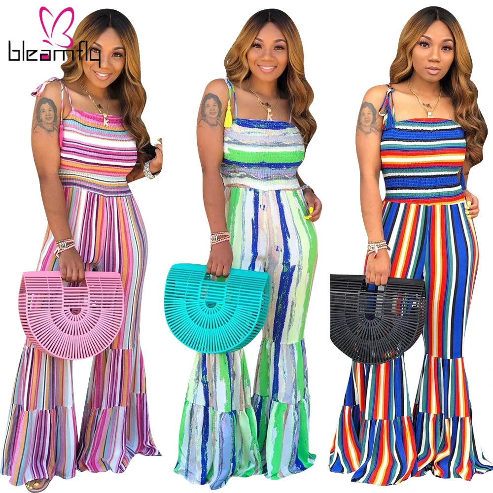 2019 женский летний Цветной полосатый комбинезон на бретельках без рукавов с