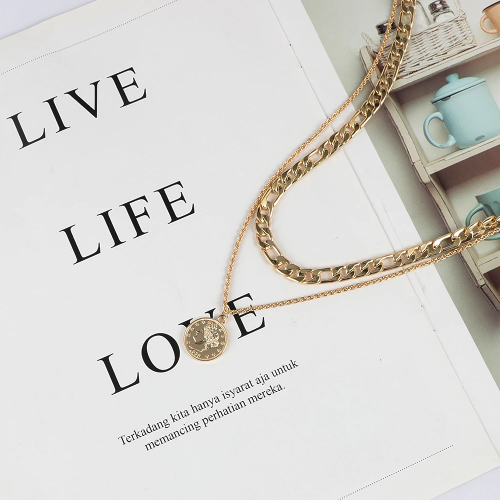 

Vintage Gold Coin Pendant Necklace For Women Fashion Layered Chunky Thick Link Chain Necklace Women Female Collier Jewelry