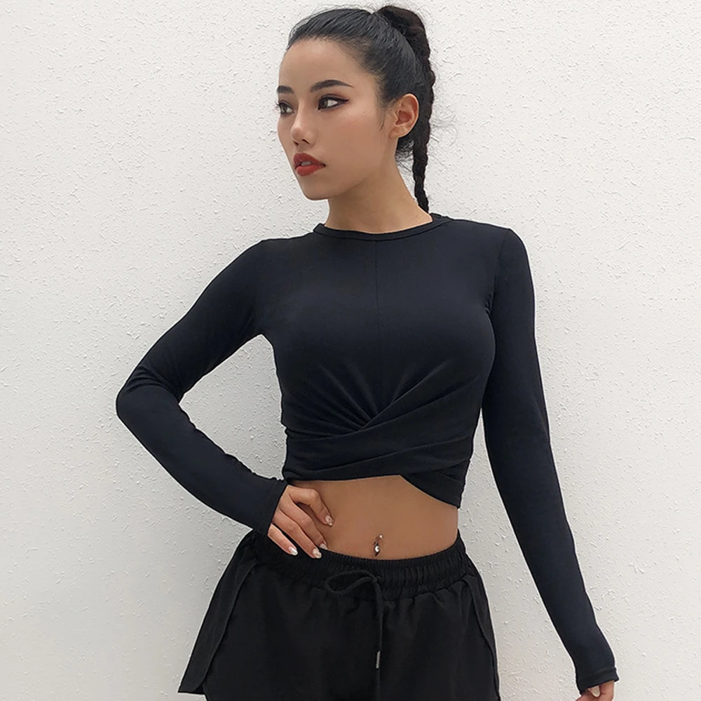 Сексуальный топ для йоги короткий с длинным рукавом женская спортивная рубашка