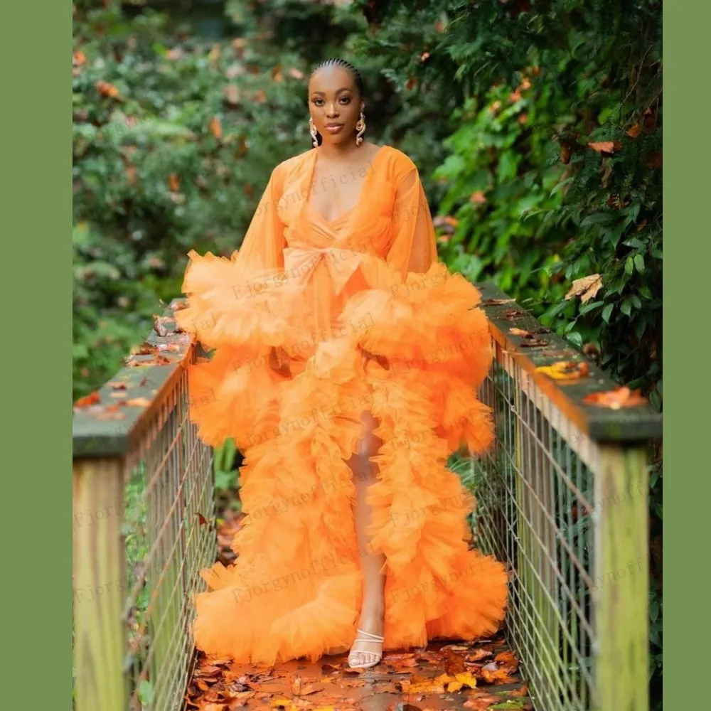 

Sexy See Thru Tulle Ruffles Long Pregnant Woman Dresses Kimono Tiered Ruched Robe Prom Gowns Puffy Sleeves African Cape Cloak