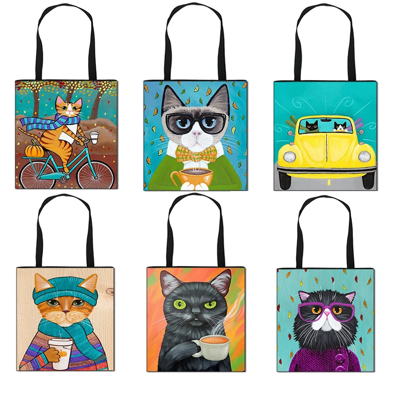 

Повседневные сумки-тоуты с принтом кошек, дамская сумочка для покупок, холщовые дорожные сумки на ремне для девушек, Портативная сумка для х...