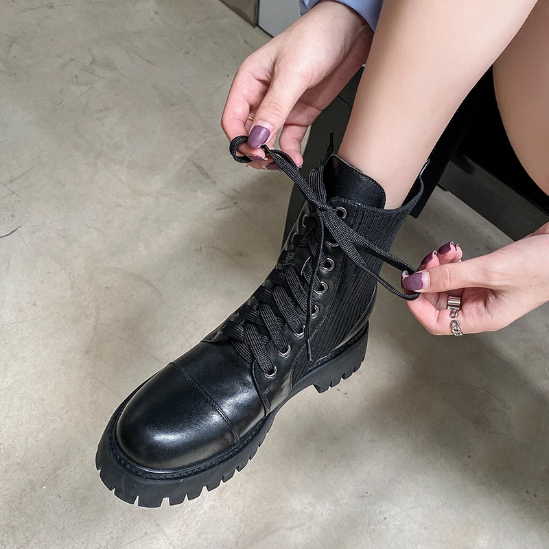 

Osunlina Ankle Boots 4cm Thick Heels Lace-up Genuine Leather Round Toe Non-slip Short Boots Shoes Handmade Woman Size 33 A008