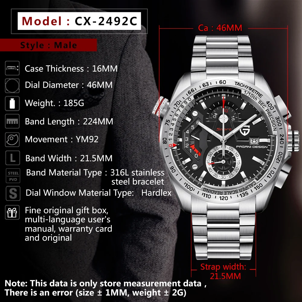 PAGANI Роскошные Брендовые спортивные часы с хронографом мужские Reloj Hombre Водонепроницаемые кожаные кварцевые часы черные часы Relogio Masculino