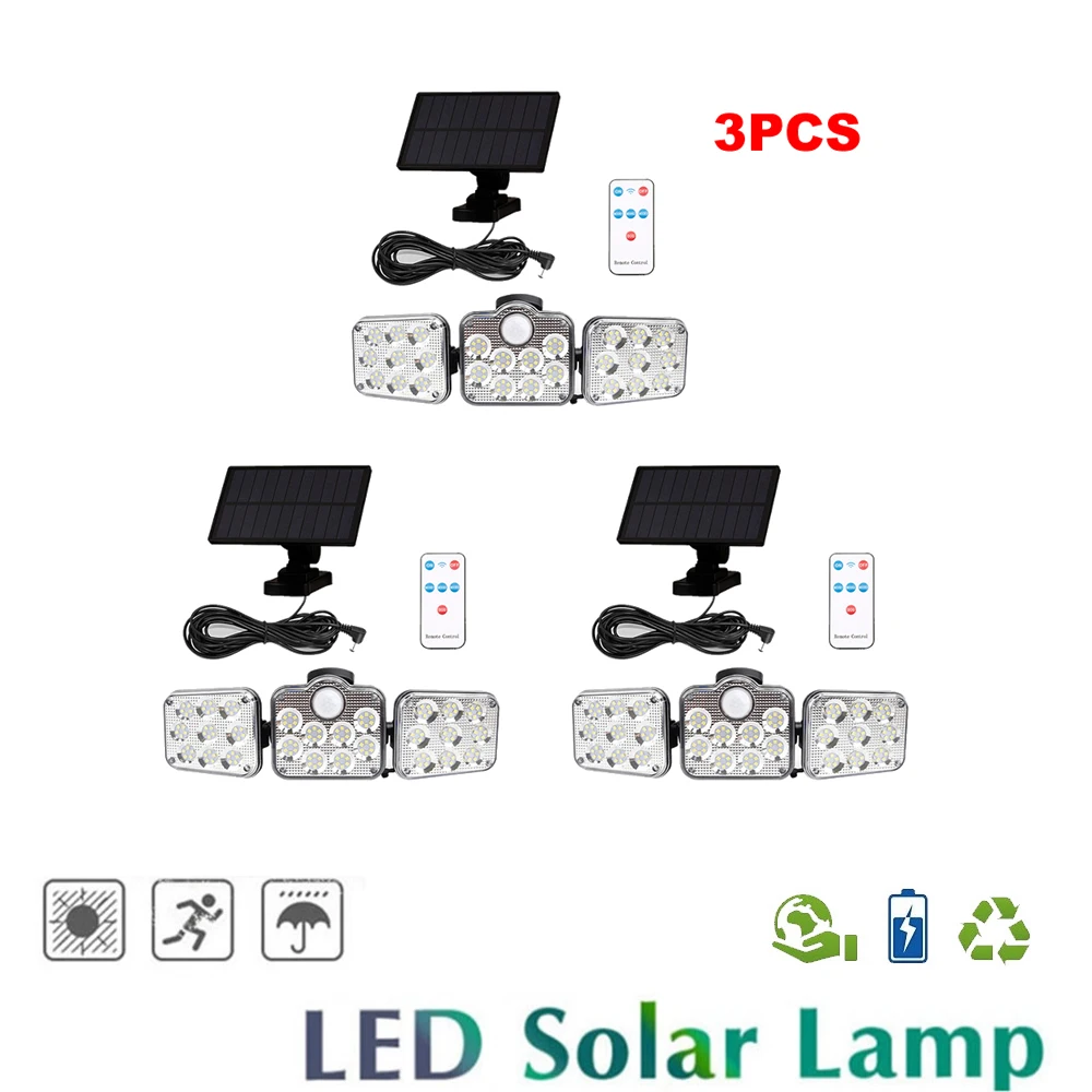 

138 led remote seperable Solar Motion Sensor Outdoor Light 3 Head 270°Wide Angle Illumination Solar Wall Lamp Garden Garage 5M c