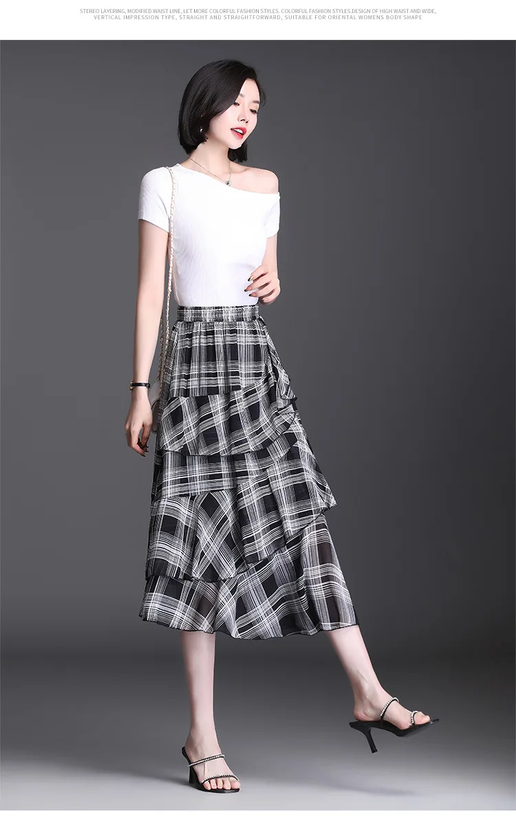 

Summer Splice Ruffles Plaid Irregular Long Skirt Women Vintage Elegant Loose Casual Korean High Waisted Mid-Calf Skirts