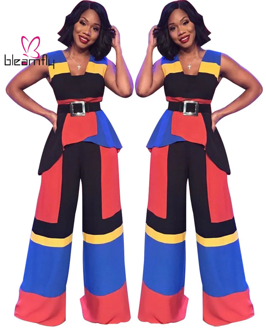 Осенне летний женский костюм с геометрическим принтом и v образным вырезом для