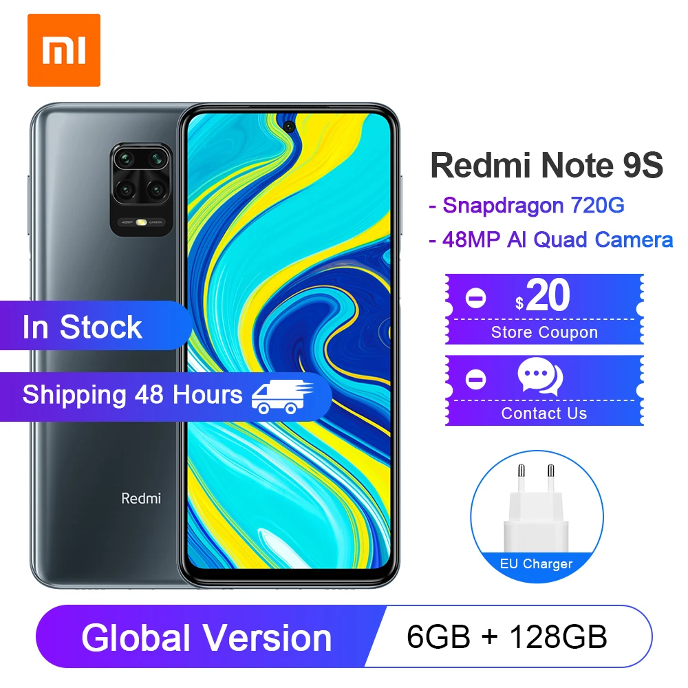 Глобальная версия смартфона Xiaomi Redmi Note 9S 6GB 128GB Snapdragon 720G Octa core смартфон 6,67 дюйма FHD+ 5020 мАч 48МП Quad Cam Cellphone на.