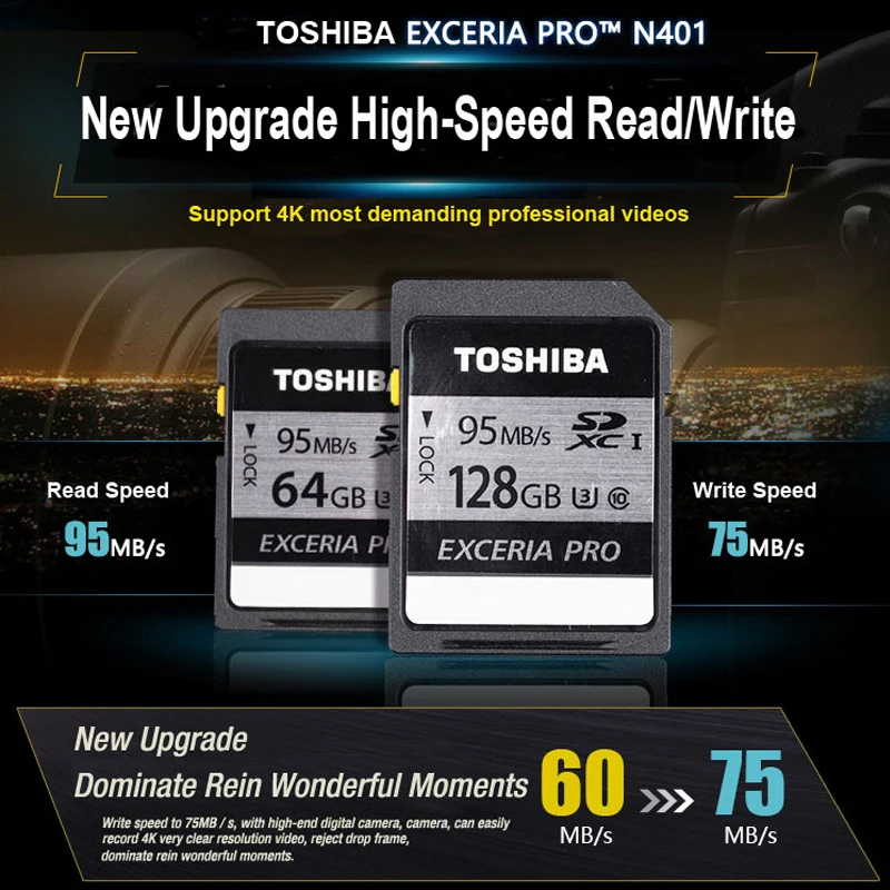 100% Original TOSHIBA EXCERIA PRO N401 memory card UP to 95MB/s 32GB 64GB sd card class 10 for SLR camera