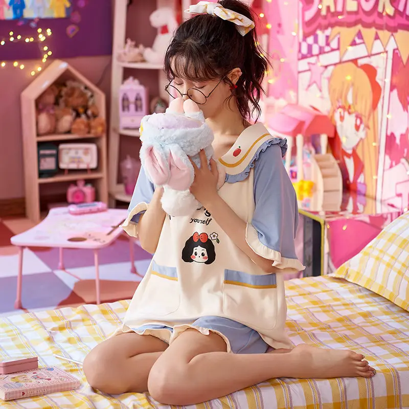 Women Soft Pajama Set Summer Short-sleeved Shorts Suit Pajamas for Women Cool and Cute Princess Style Home Clothes Nightwear