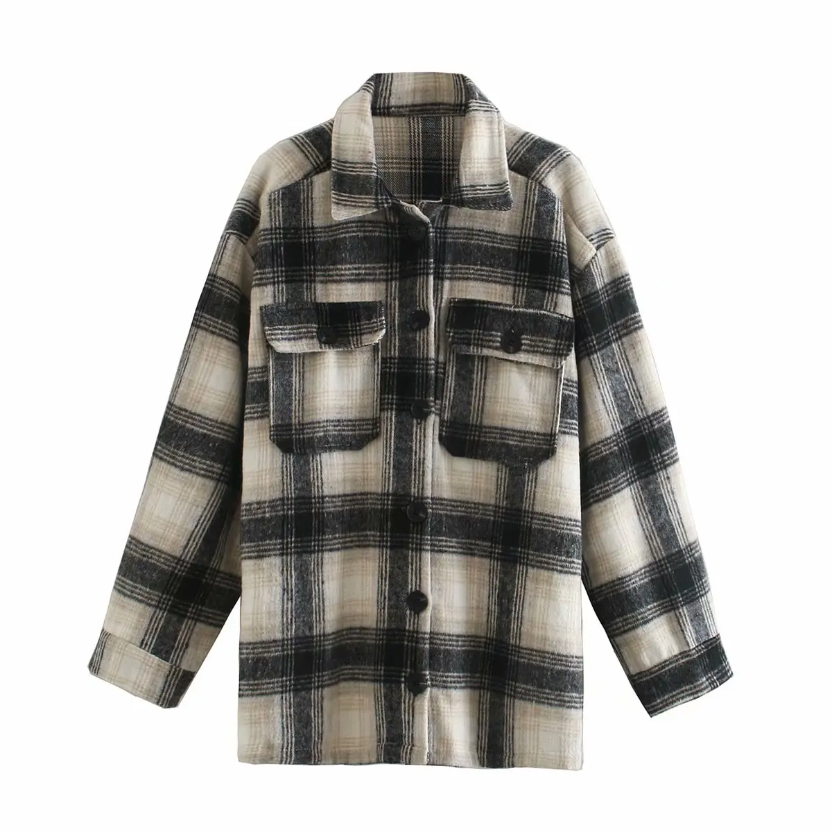 

2020 Fashion Women Autumn Button Down Jacket Shirt Classic Long Sleeve Plaid Print Loose Coat Cardigan with Front Pockets