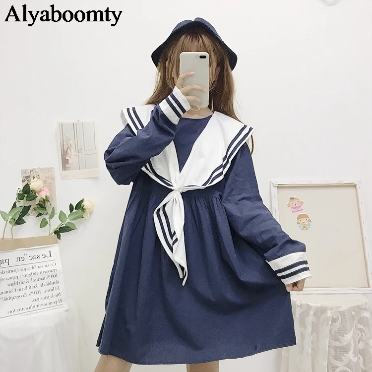 Японский консервативный стиль осень весна женское мини платье с матросским