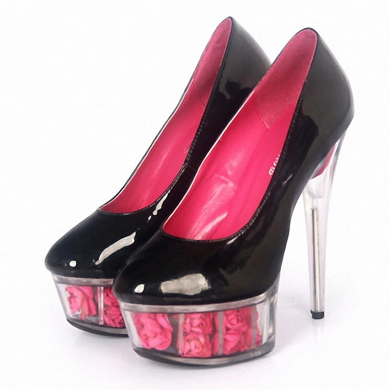 Sexy Rose Flower 15cm High heeled Bride Wedding shoes 6inches Trend Patent leather Models Stage Fashion Party Show Special Offer