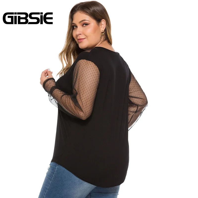 GIBSIE Элегантный Плюс Размер o образным вырезом сетчатый топ женский черный
