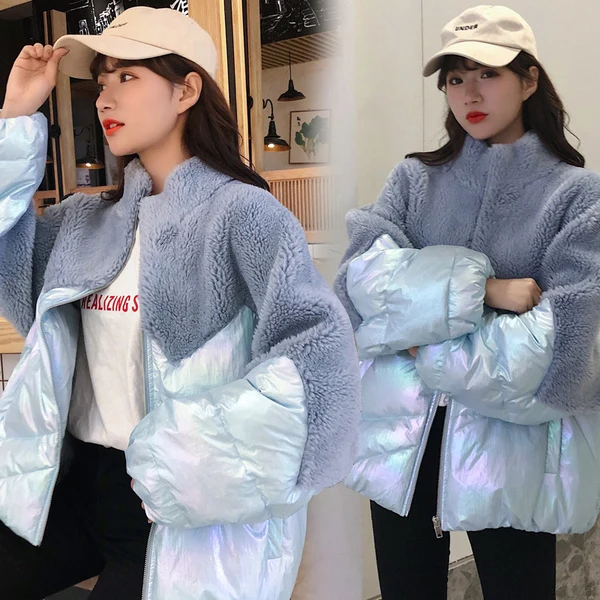 sky blue Корейский пуховик пальто из меха ягненка Женский бархатный меховой шерстяной воротник хлопок Женская парка толстый пуховик одежда - Цвет: sky blue