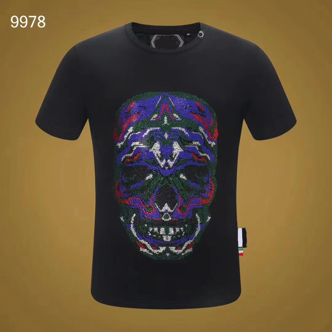 

Men T-shirt Black Short Sleeve PP Skull Crew Neck Top Men Plein European and American Casual Slim Fit Hombre manga corta