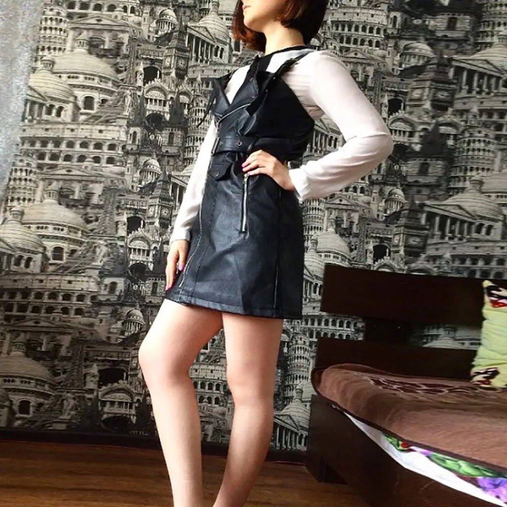 Женское Короткое облегающее платье из ПУ кожи черное готическое с ремнем пряжкой