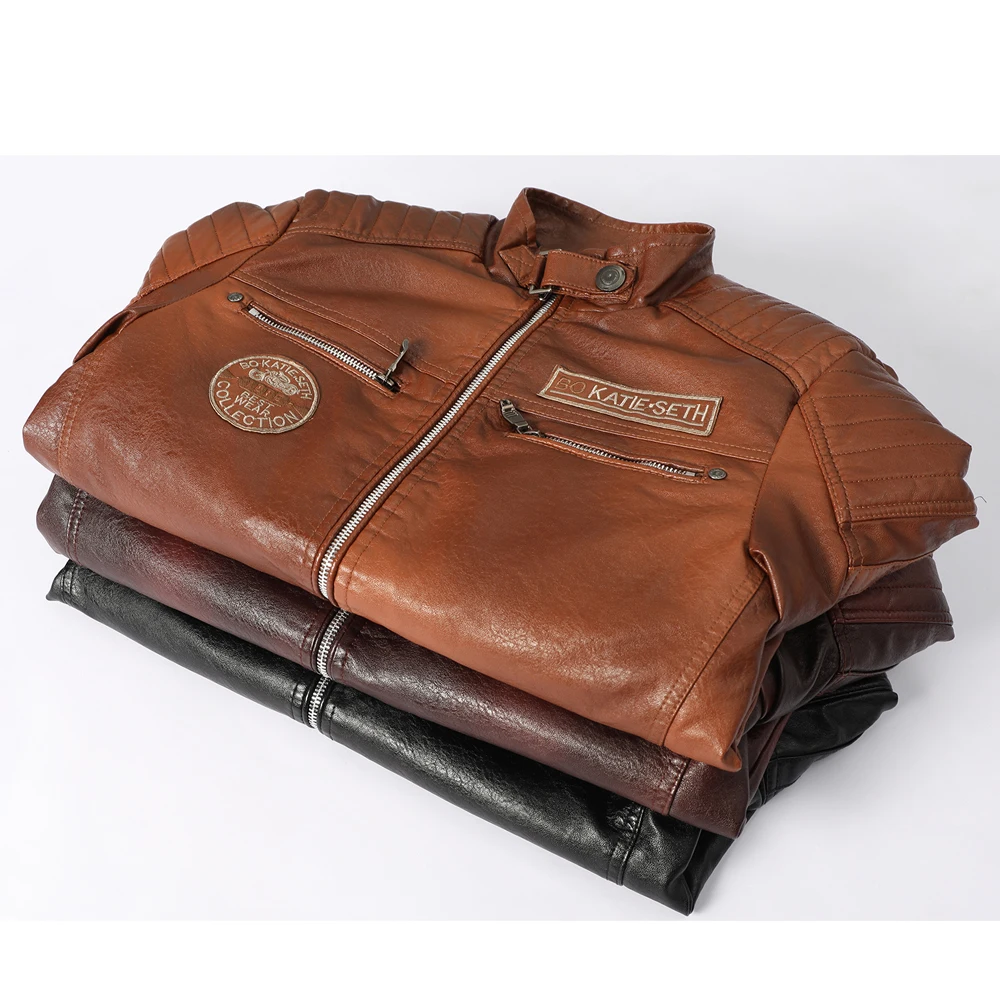 

Men's Winter Leather Jacket Motorcycle Coat Lining With Velvet Stand Collar Air Force Casual Faux PU Brown Windbreaker