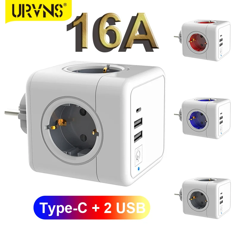 

16A 250V EU Plug 4 Outlets Electrical Socket With 2 USB Ports PD Charging Port Extension Home Travel Cube Power Strip Adapter
