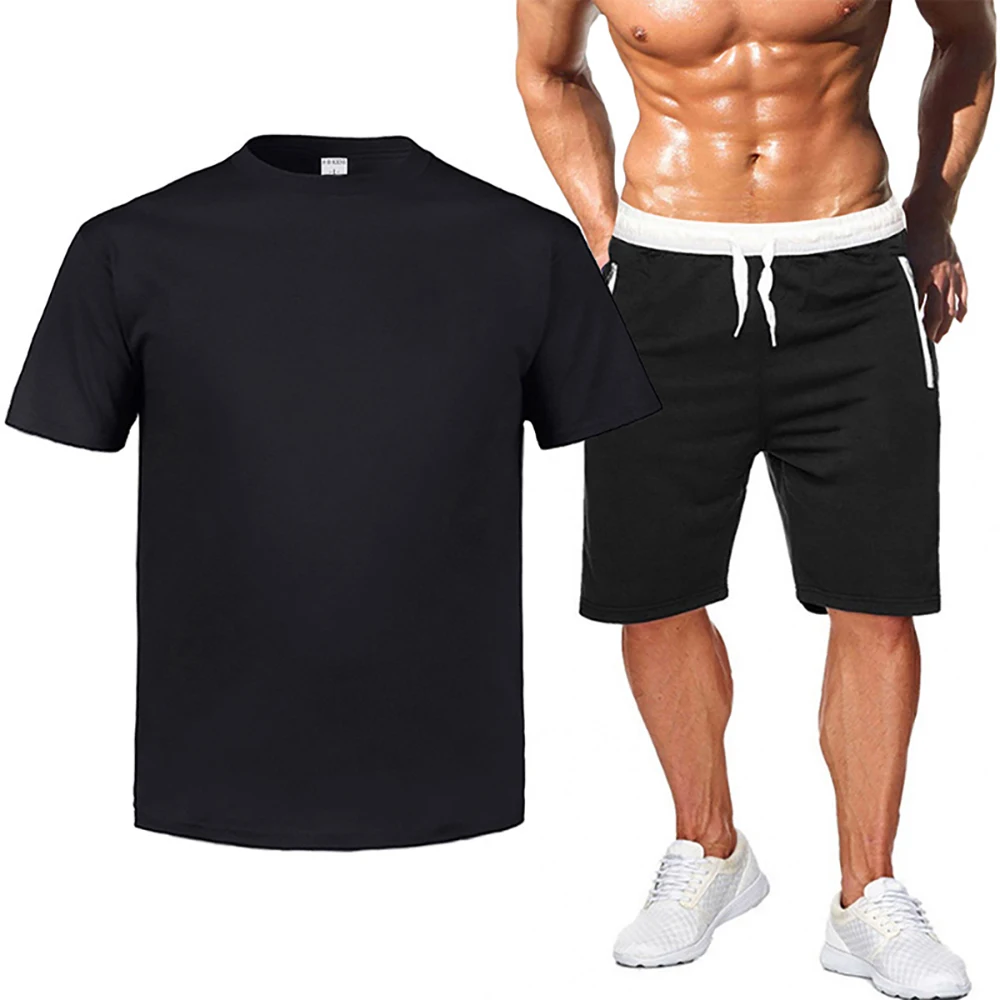 

2Pcs Men's Set Print Sleeve Shorts Fashion T-shirts+Sweatpant Casual Tracksuit DIY Custom Logo Text Image Sportswear