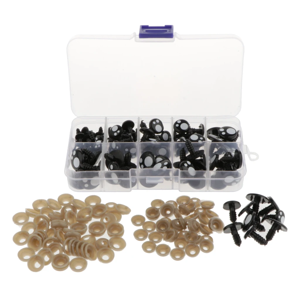

100 Set 8mm - 16mm Black Safety Eyes Plastic Safety Eyes Plastic Eyes with Washers for Doll, Puppet, Plush Animal