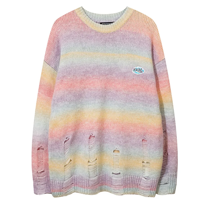 

Mens Harajuku Ripped Sweater Pullover Men Vintage Retro Striped Knit Sweaters 2021 Winter Unisex Hiphop Oversize Couple Knitwear
