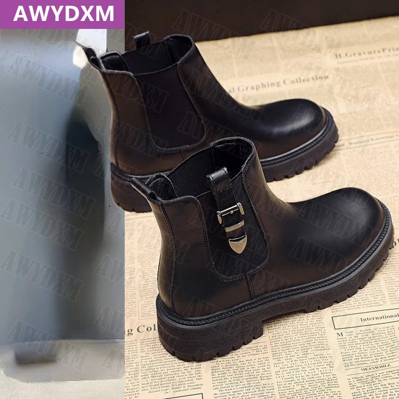 

Женские ботинки с пряжкой Goth, Черные ботильоны из искусственной кожи на плоской подошве, мотоциклетные ботинки челси на платформе, Осень-зи...