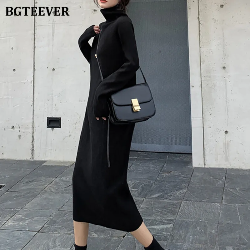 BGTEEVER осенне-зимнее трикотажное платье до середины икры с высоким воротником