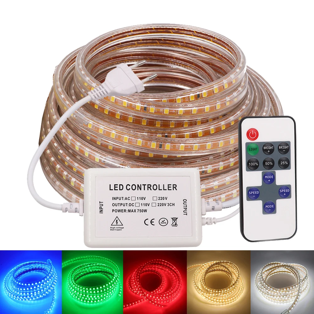 

SMD 2835 LED Strip Dimmerable 220V 240V EU AU UK Waterproof 120 LEDs/m Red/Blue/Green/Red/White Ribbon Tape Flexible LED Light