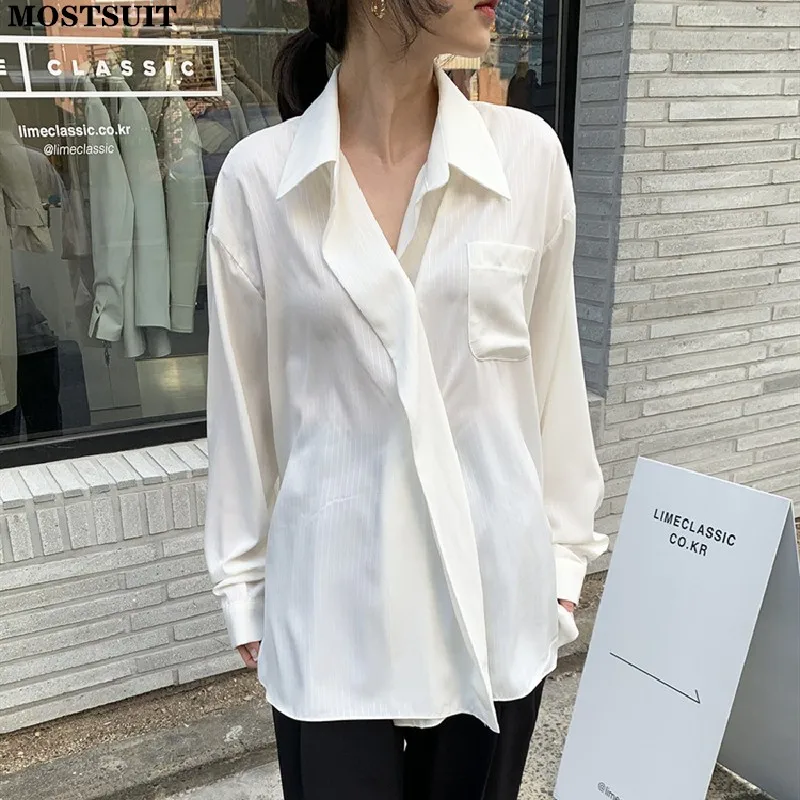 

2022 Spring White Striped Loose Shirts Women Full Sleeve Turn-down Collar Tops Blouse Casual Fashion Solid Stylish Ladies Blusas