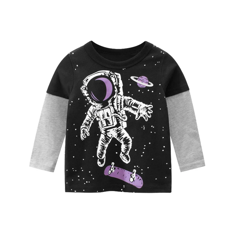 Camiseta de algod&oacute;n con estampado de dibujos animados para ni&ntilde;os, ropa de Oto&ntilde;o de 2 a 9 a&ntilde;os con estampado de astronauta y coche-5