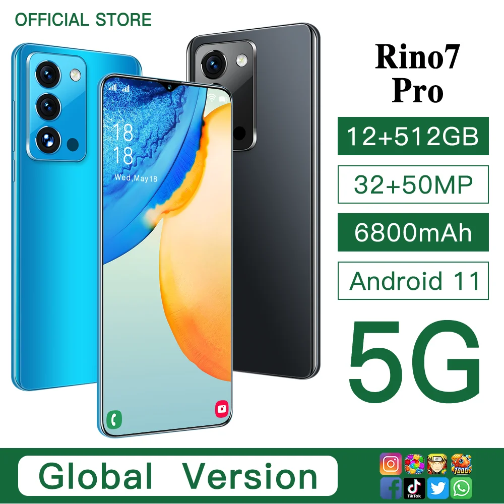 global version rino7 pro 12gb 512gb newest 7 0‘’ 6800mah huawe full screen 5g smartphone deca core 4g lte network mobile phone free gl