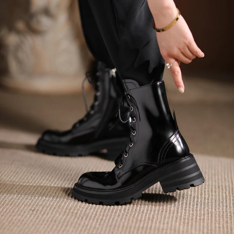 Murah Sepatu Bot Wanita Musim Gugur 2021 Sepatu Bot Wanita Kulit Asli Gaya Inggris Baru Sepatu Bot Berenda Bersol Tebal Sepatu Platform Wanita