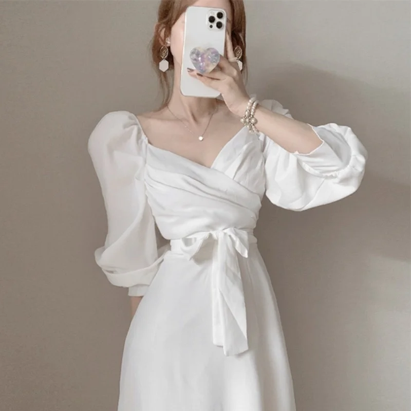 Шикарное корейское шифоновое платье ранней осени с французским воротником на