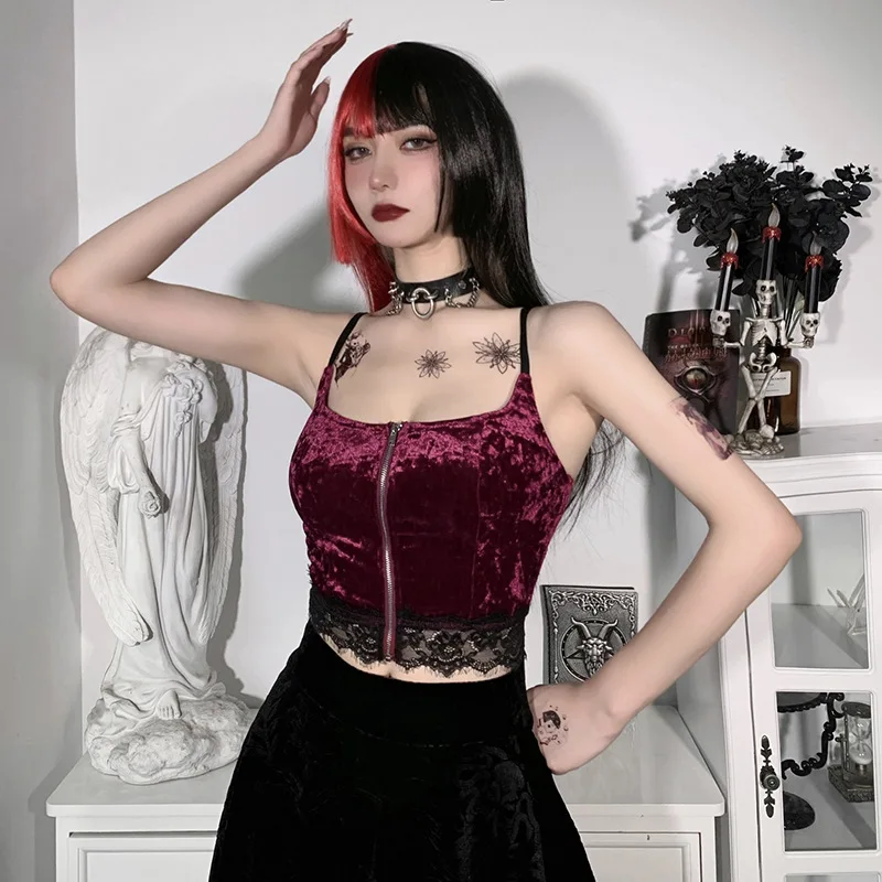 

Vintage Elegant Velvet Aesthetic Lace Trim Black Camis Goth Sexy Cut Out Backless Basic Tops Women Summer Cropped Tops 2021