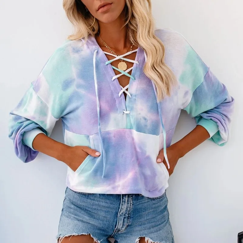 

Autumn Winter New Tie Dyed Printed Long Leeve Hooded Drawstring