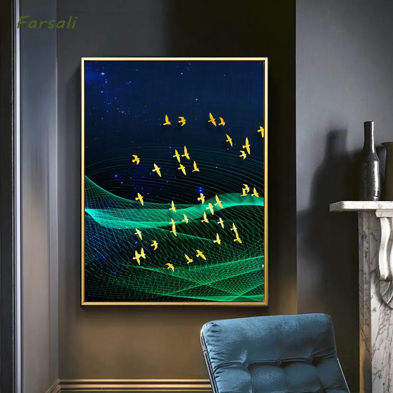 Abstract Moon Wall Art Canvas Painting Golden Mountain Birds Nordic Posters and Prints Pictures for Living Room Home Décor | Дом и сад