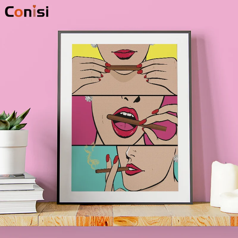 ɺndy поп-арт-Стена Картина на холсте Мода девушка курение сигар SWAG Стиль рутая