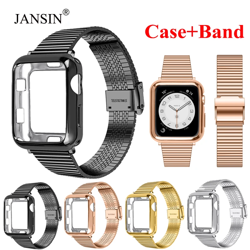 

Watchband+Case For Apple Watch Band 40mm 44mm Luxury Stainless Steel Strap For Apple Watch 42mm 38mm Bracelet SE 6 5 4 3 Cover