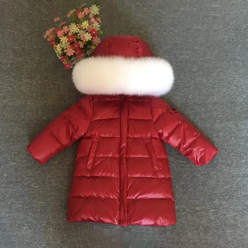White Fox Red Пальто с меховым капюшоном для девочек, Россия-30 зимняя теплая пуховая куртка детское длинное пальто для маленьких мальчиков ветрозащитная детская одежда Зимний комбинезон - Цвет: White Fox Red