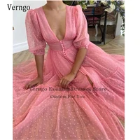 verngo hearty pink dot tulle prom dresses tea length puff sleeves buttoned top v neck formal party gowns special occasion dress