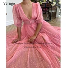 Платье Verngo для выпускного вечера из розового тюля в горошек с пышными рукавами и V-образным вырезом на пуговицах, вечернее платье для особых случаев