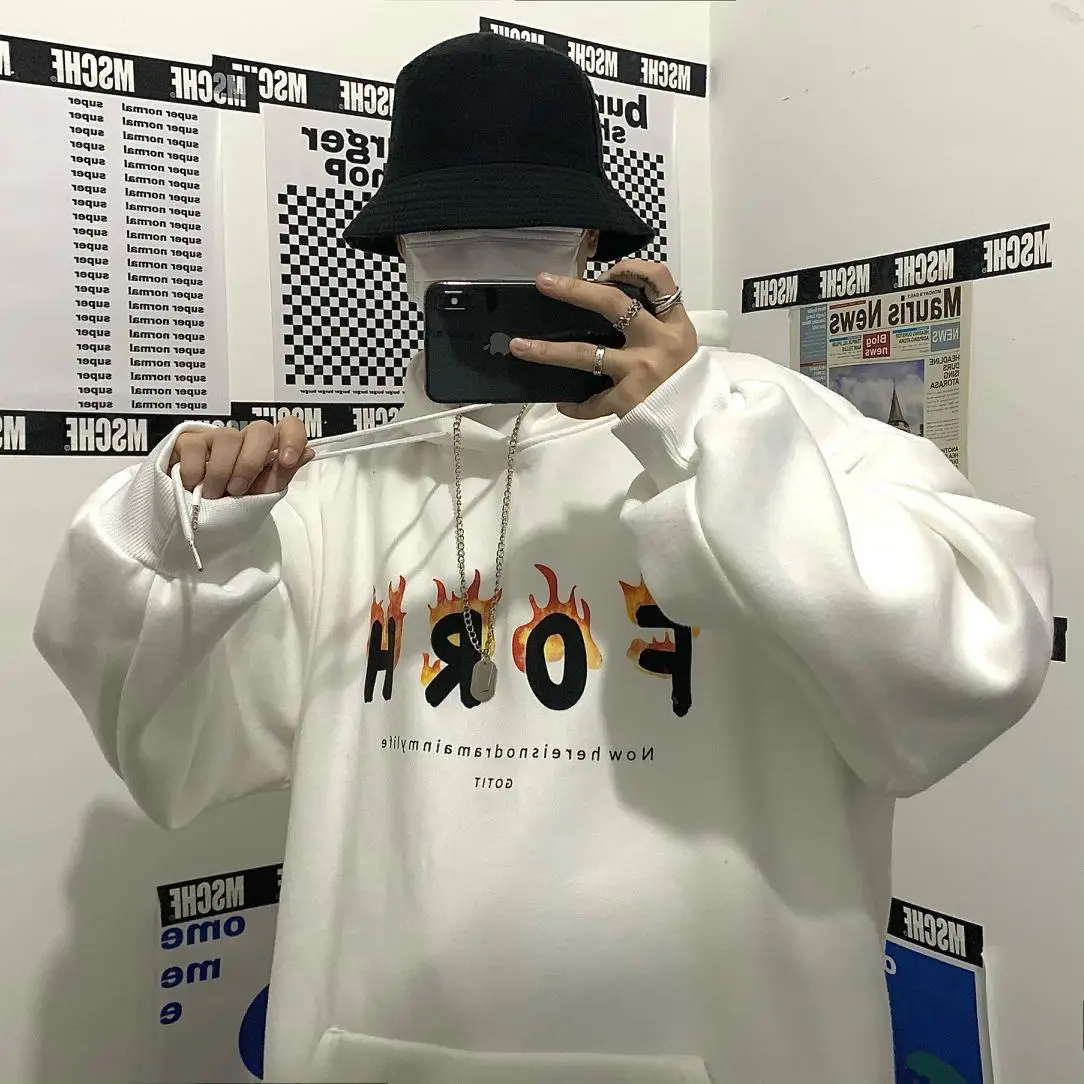 

Winter Kpop Women'S Sweatshirt Retro Flame Letter Hooded Jacket Unisex Fashionista Streetwear Long-Sleeved Harajuku Hoodie