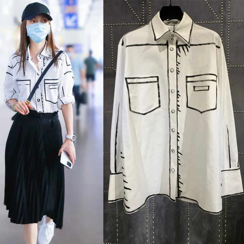 

2020 New Collar Full Sleeves Printed Pocket and Lines Single Breasted White Black Contrast Shirt